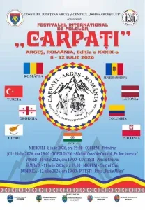 Afișul Festivalului Internațional de Folclor „Carpați”, desfășurat la Costești în 10 iulie 2026, cu participarea ansamblurilor din opt țări