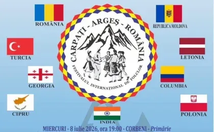 Afișul Festivalului Internațional de Folclor „Carpați”, desfășurat la Costești în 10 iulie 2026, cu participarea ansamblurilor din opt țări
