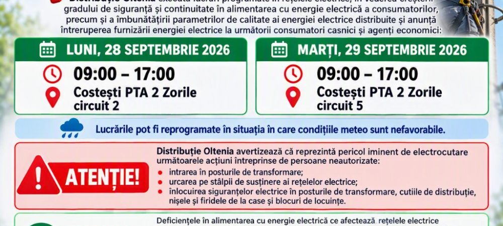Anunț pentru locuitorii orașului Costești! – electrica_29_09_2026