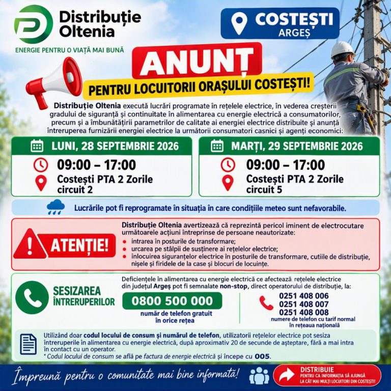 Anunț pentru locuitorii orașului Costești! – electrica_29_09_2026